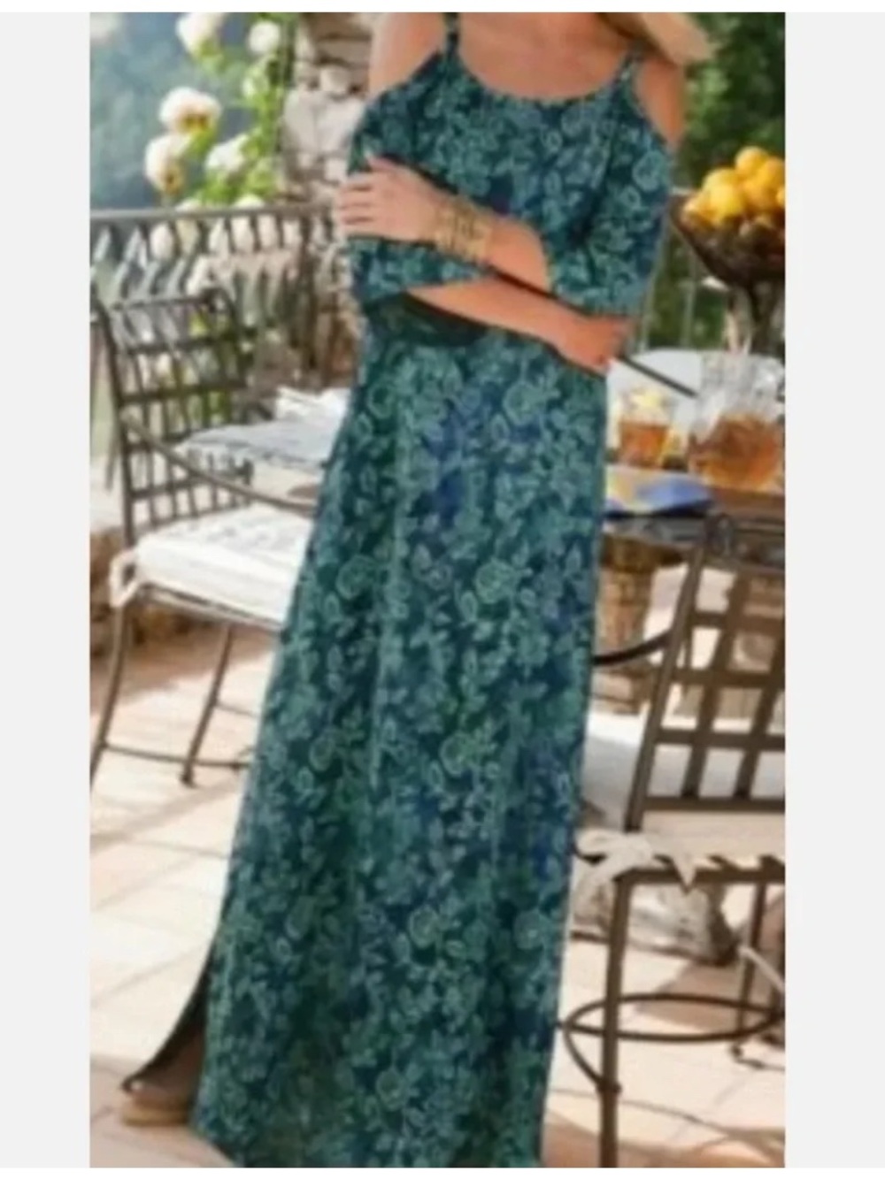 Soft Surroundings Cold Shoulder Maxi Dress Size XLP Petite Blue Green Floral